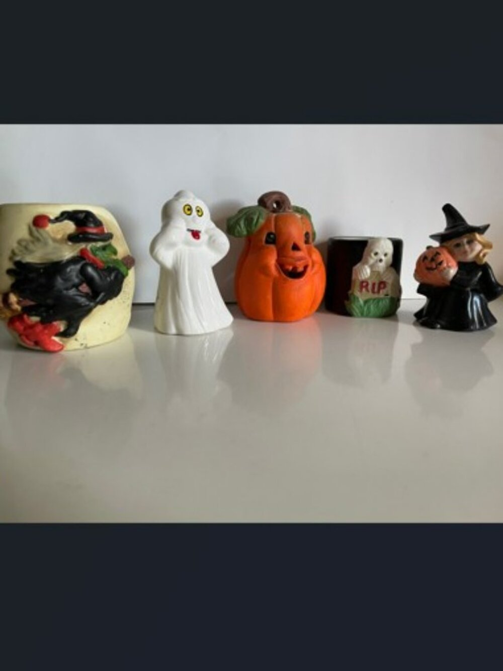 5 Vintage 90s Candle Holders Ceramic Halloween Witch Ghost JOL Skeleton Pumpkin